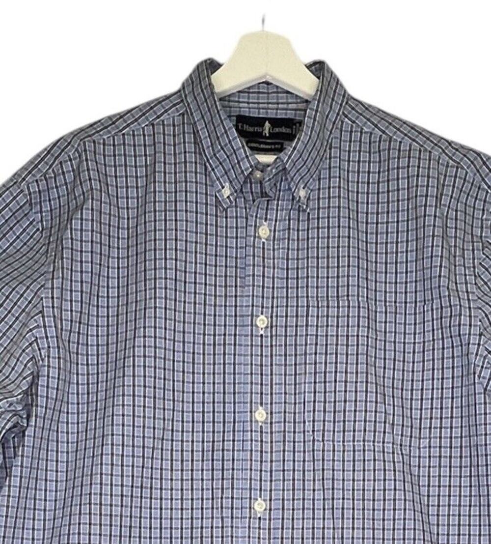 T Harris London XL Button-down Dress Shirt Plaid Light Navy Blue Gentleman’s
